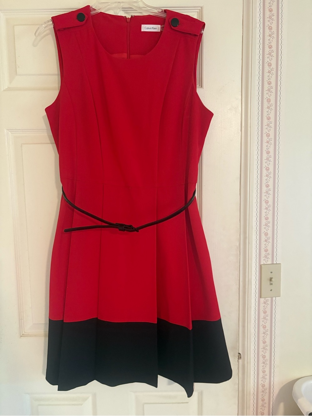 Calvin Klein Red with Black Hem Sleeveless Belted Fit-and-Flare Dress